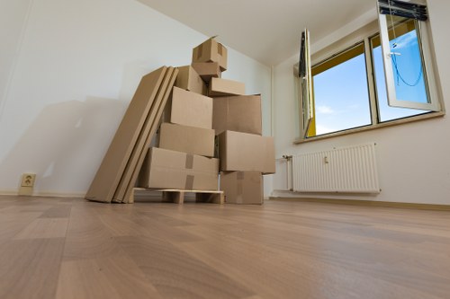 Office furniture and equipment prepared for a business move